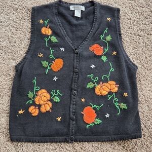 Arriviste Happy Fall Vintage Black Knit Halloween Harvest Pumpkin Vest Autumn